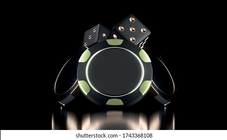 Vector Casino background. Casino game 3D chips and dice. Online casino banner. Black and gold realistic chip. Gambling concept, poker mobile app icon