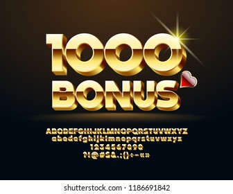 Vector Casino Banner 1000 Bonus. Set of Chic Letters, Numbers and Symbols. 3D Golden Font.