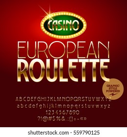 Vector casino banner European roulette. Set of letters, numbers and symbols. Contains graphic style.
