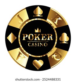 Vetor Casino Chip logotipo, ouro chip poker e ilustração vetor preto no fundo branco.