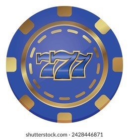 Vector casino chip with winning combination 777. Realistic blue chip.