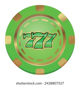 Vector casino chip with winning combination 777. Realistic green gold chip.