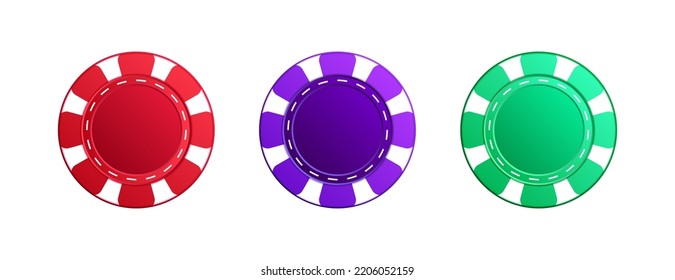 Vector casino chips isolated on white background. Gambling realistic template. Round 3D roulette chips. Red, blue, green game dice, top view. Bet money mockup. Gambler objects flat lay. Las Vegas icon