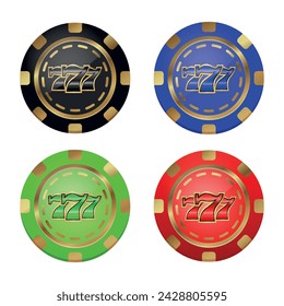 Vector casino chips with winning combination 777. Realistic colored chips: green, gold, red, black, blue.