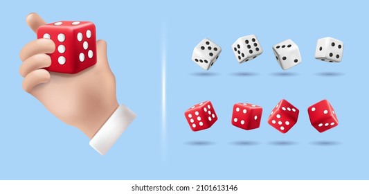 Vector Casino Dice Set Of Authentic Icons. Vector Rolling Red Dice Set Isolated On Blue Background. 3d Board Game Pieces