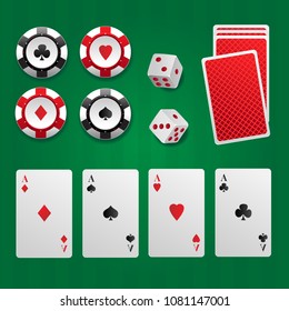 Vector casino elements with playing cards, dices and chips on green background