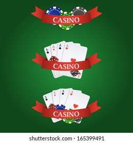 Vector casino elements: ribbon, playing cards, dices and chips on green background