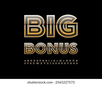 Vector Casino emblem Big Bonus. Elite Business Font. Chic Black and Gold Alphabet Letters and Numbers set.