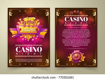 Vector casino flyer, cartoon banner, background with vintage emblem in form of scoreboard slot machine, gaming roulette and space for your text. Poster for advertising casino, night club