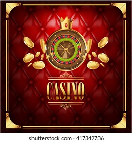 Vector casino gambling game  luxury background with leather red  texture backdrop and roulette wheel with golden coins  flying to viewer. Template poster. Casino vector illustration. 