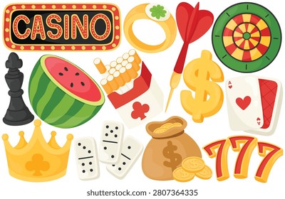 Vector casino gambling set with roulette dice dominoes cards crown money bag dollar sign lucky seven and chips