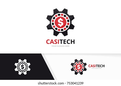 Vector casino and gear logo combination. Chip and mechanic symbol or icon. Unique roulette game and industrial logotype design template.
