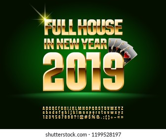 Tarjeta de saludo de Vector Casino Full House en Año Nuevo 2019. Fuente de élite dorada. Letras de alfabeto brillante