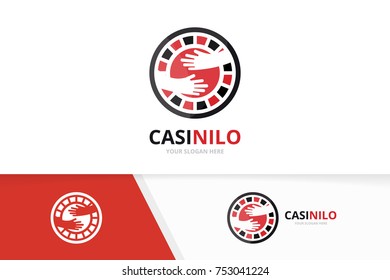 Vector casino and hands logo combination. Chip and embrace symbol or icon. Unique roulette game and hug logotype design template.