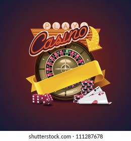 Vector casino icon. Includes roulette, casino chips, playing cards, advertising neon sign and blank yellow ribbon allowing to add text