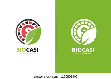 Vector casino and leaf logo combination. Chip and eco symbol or icon. Unique roulette game and organic logotype design template.
