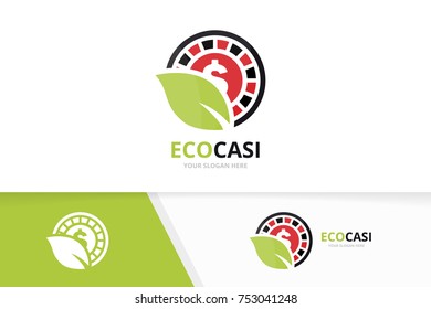 Vector casino and leaf logo combination. Chip and eco symbol or icon. Unique roulette game and organic logotype design template.