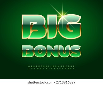 Logo de Vector Casino Big Bonus. Elegante fuente verde y dorada. Conjunto de letras y números de alfabeto lujoso de moda