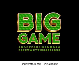 Gran juego con el logotipo del Vector Casino. Letras y números de alfabeto en mayúsculas elegantes. Fuente 3D Dorada y Verde
