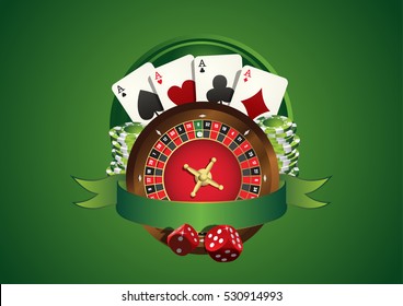 Vector casino logo. Includes roulette, casino chips, playing cards and blank green ribbon allowing to add text