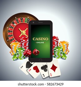 Vector casino logo. Includes roulette, casino chips, playing cards and mobile phone with text