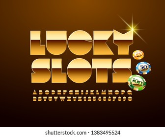 Vector Casino logo Lucky Slots. Golden glossy Font. Luxury Alphabet Letters and Numbers.