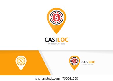 Vector casino and map pointer logo combination. Chip and gps locator symbol or icon. Unique roulette game and pin logotype design template.