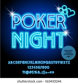 Vector casino neon icon Poker night. Set of letters, numbers and symbols. Contains graphic style.