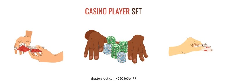 Vector casino player set of playing chips and cards in hands. All in moment, card trick and playing texas holdem poker. Multicultural casino players. Illustrations for gambling industry. Cards, rules