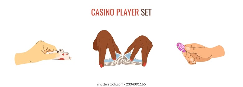 Jugador de casino vector juego de fichas y cartas en las manos. Apostar, jugar al póquer holdem texas y barajar el croupier. Jugadores de casino multiculturales. Ilustraciones para la industria del juego. Cartas, reglas y