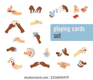 Juego de cartas de juego en las manos del jugador de un casino vector. Trucos mágicos, juego de póquer y baraja de croupier. Jugadores de casino multiculturales. Ilustraciones para la industria del juego. Tarjetas, reglas y web