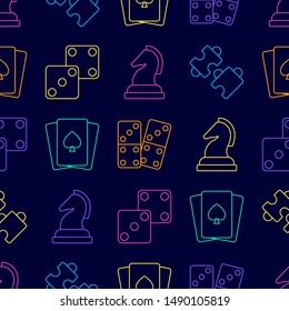 Vector Casino, Puzzle And Board Game Set Outline Seamless Pattern Background.