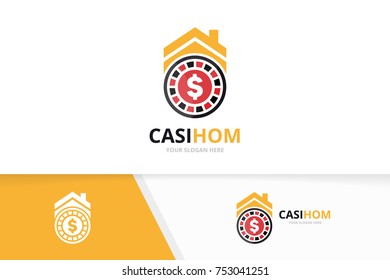 Vector casino and real estate logo combination. Chip and house symbol or icon. Unique roulette game and rent logotype design template.