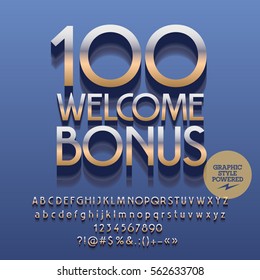 Vector casino reflective sign 100 welcome bonus. Set of letters, numbers and symbols. Contains graphic style.