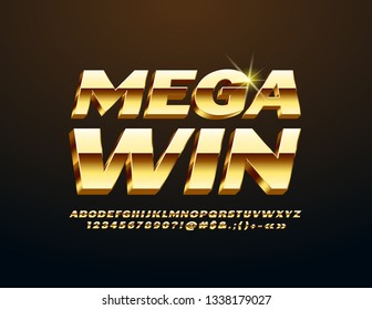 Vector Casino Sign Mega Win. Golden 3D Font. Luxury Alphabet Letters, Numbers and Symbols 