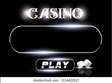 Vector Casino sign and poker dice on black background Top view. Online casino wide flyer or banner design with place for text and play button. Gambling 3d vector concept.