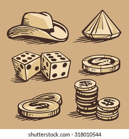 Vector casino symbols and stetson. Set vintage handmade illustration.