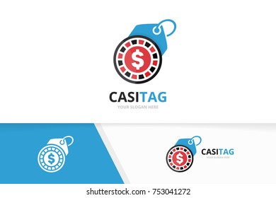 Vector casino and tag logo combination. Chip and shop symbol or icon. Unique roulette game and label logotype design template.