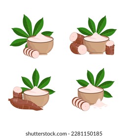 Vector cassava root Manihot esculenta, manioc and leaves, tapioca, cassava rhizomes isolated on white background