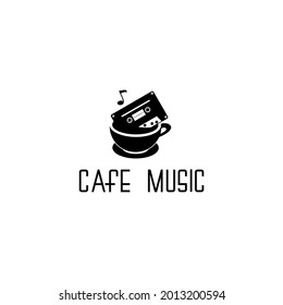 vector cassette on a cup of coffee, cafe music text, icon, logo