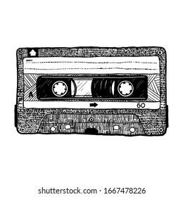 Vector cassette tape illustration, black and white stylized image, flat style, decorative hatching. Retro cassette drawing, cartoon style. Vintage hand drawn art element for decoration and design