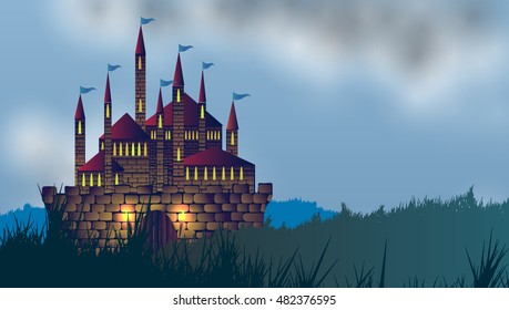 Vector castle among field.