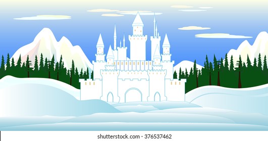 Vector castle and beautiful landscape with mountains and forests