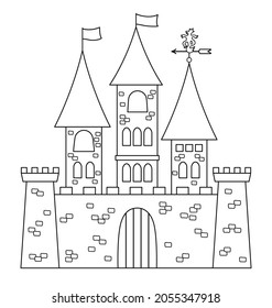 Vector castle black and white icon isolated on white background. Medieval line stone palace with towers, flags, gates. Fairy tale king house illustration or coloring page
