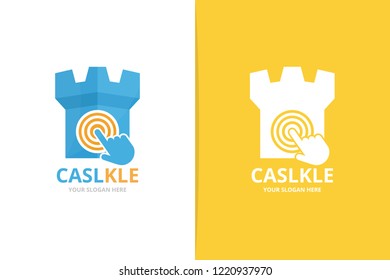 Vector castle and click logo combination. Tower and cursor symbol or icon. Unique fortress and digital logotype design template.