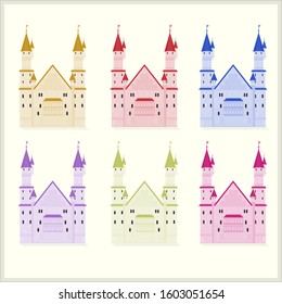 Vector castle in different colors on light background.