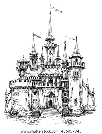 Vector castle front view. Pencil hand drawing, ready to color