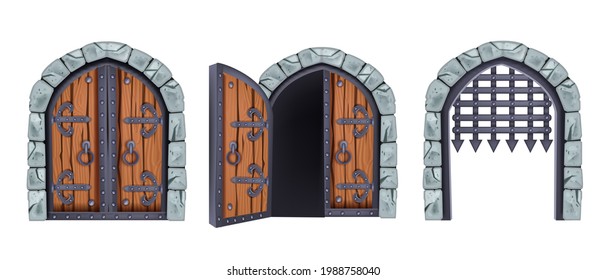 Vector castle gate set, medieval wooden closed and open double door, iron grate, stone arch. Palace architecture portal entrance collection, metal handle. Vintage game old castle gate illustration
