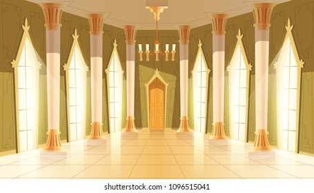 Vector castle hall, interior of ballroom for dancing, presentation or royal reception. Big room with chandelier, columns, pillars in luxury medieval palace. Fantasy, fairy tale or game background