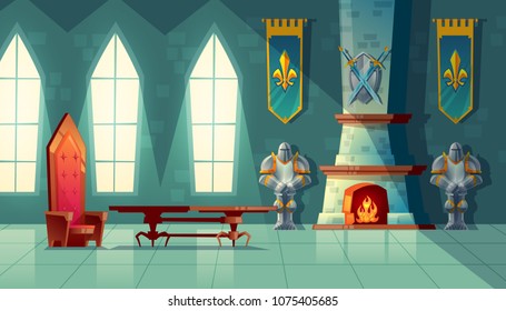 Vector castle hall, interior of royal ballroom with throne, table, fireplace and knight armor. Luxury furniture in medieval palace. Fantasy, fairy tale or game background